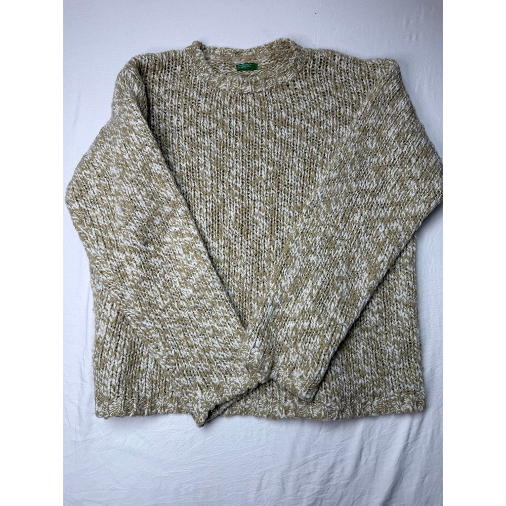 United Colors of Benetton Marled Tan White Chunky Knit Crewneck Sweater XL